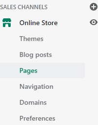 An image of the shopify dropdown bar highlighting the ‘pages’ button